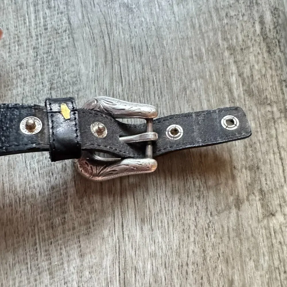 Resistol Black Full Grain Leather Western Belt Size 34 Silver Tone Etched Buckle